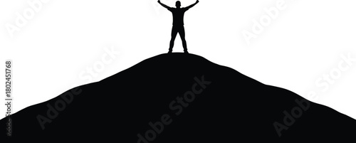Victory silhouette, mountain peak triumph, success achievement, person celebrating, outdoor adventure, freedom spirit, motivational concept, winner pose, inspirational landscape, goal accomplished