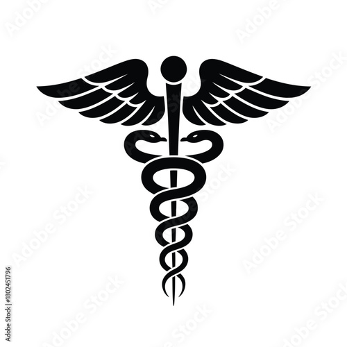 A black and white silhouette of the caduceus symbol, representing medicine and healing with its winged staff and entwined snakes, isolated on