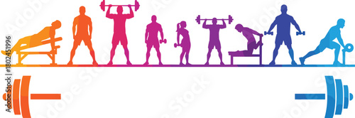 Weightlifting silhouette, fitness training, gym workout, bodybuilding exercise, strength training, dumbbell lifting, barbell press, squat pose, overhead lift, bench press, muscle building, personal