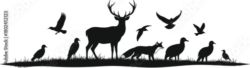 Wildlife silhouette illustration, deer with antlers, fox vector, flying birds, vultures, grassy terrain, nature ecosystem, animal scene, forest, outdoor