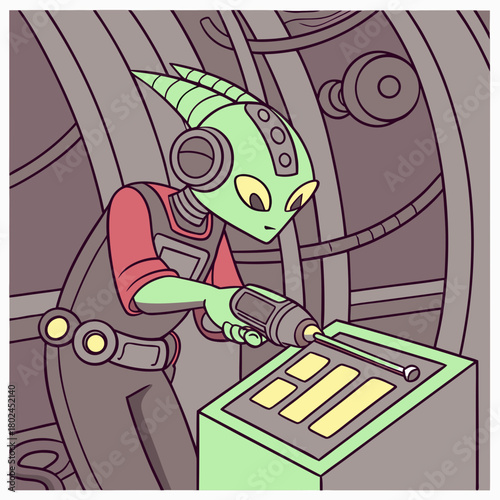 Alien mechanic working on futuristic control panel with tool