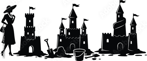 Woman silhouette with wide hat, standing near sandcastles, beach summer scene, black white vector art, seaside holiday illustration, playful design