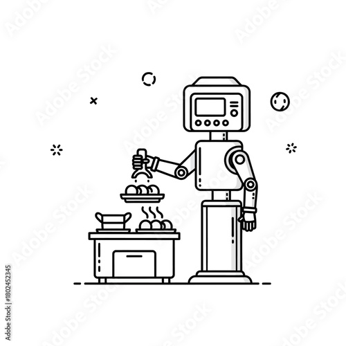 Line art robot chef preparing food on a kitchen counter with digital display.
