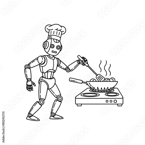Robot Chef Cooking with Frying Pan and Spatula on Electric Stove.