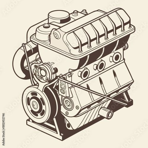 Detailed isometric illustration of a classic internal combustion engine
