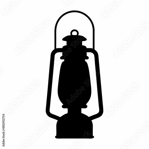 Black Silhouette of Antique Kerosene Lamp on White Background for Decoration