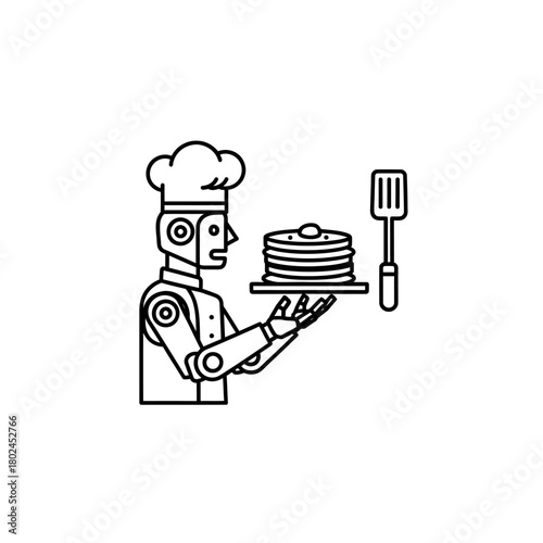 Robotic Chef Serving Pancakes with Spatula, Line Art Illustration.