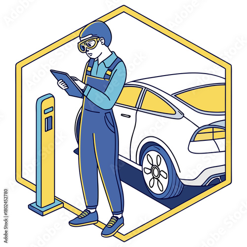 Electric vehicle mechanic inspecting car with tablet and charging station