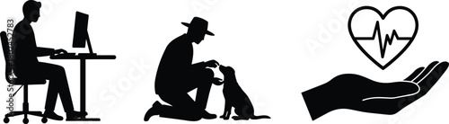 Work office desk silhouette, man with dog pet care, health heart hand support, business lifestyle, companionship, wellness, medical concept