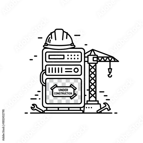 Server Rack Under Construction with Crane and Tools Iconography.