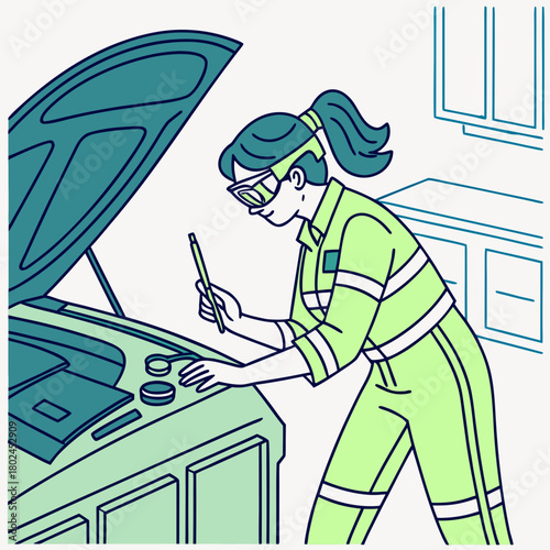 Female mechanic inspecting car engine under hood