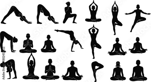 Yoga poses collection, meditation practice, fitness exercise, healthy lifestyle, mindfulness training, balance flexibility, wellness concept, spiritual growth, body strength, relaxation