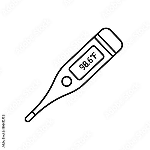 Simple black outline digital thermometer icon displaying 98.6F, medical device for temperature measurement.