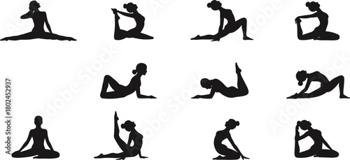 Yoga poses silhouette collection, meditation exercise, fitness flexibility, healthy lifestyle, stretching workout, balance training, wellness practice, body strength, relaxation