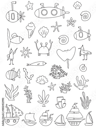 Hand-Drawn Ocean Life and Nautical Elements Collection. kids coloring page. printable children fun activity 