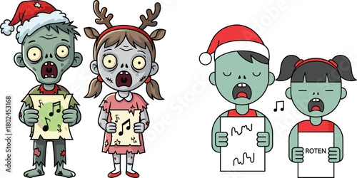 Zombie children Christmas carolers, cartoon undead singers, funny holiday illustration, spooky festive artwork, creepy cute characters, Halloween Christmas crossover, singing monsters