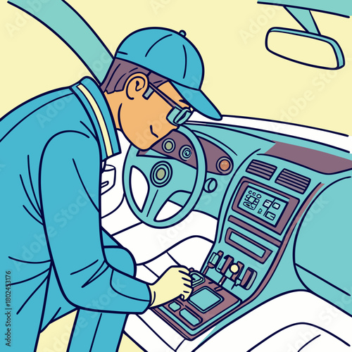 Mechanic inspecting car interior dashboard and gear shift