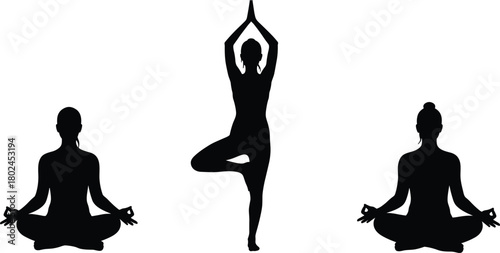 Yoga, silhouette, meditation, mindfulness, tree pose, lotus position, balance, fitness, wellness, spirituality, calm, harmony, exercise, body, health, relaxation, 