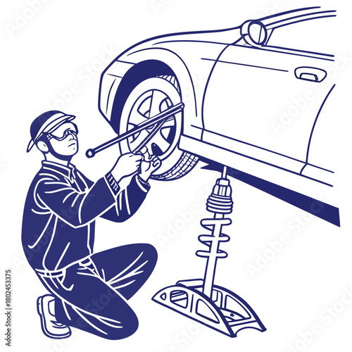 Mechanic tightening lug nuts on a car wheel