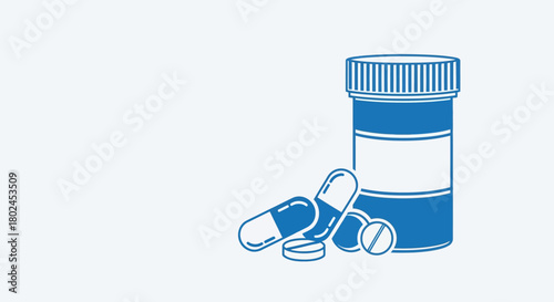 Minimalist healthcare design with prescription bottle and capsules on clean background