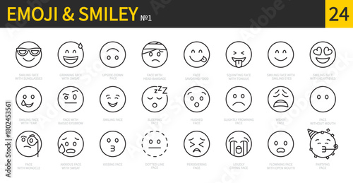 Emoji & smiley icon set. Emotion, smile, emoticon, smiling, sunglasses, sleeping, heart-eyes, weary, kissing, upside-down, loudly crying, partying face, etc. Vector illustration. Editable stroke.