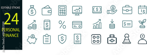 Personal Finance line icon set. Containing Finance, economy, money, income, Saving, investing, money management, and more. Linear icon collection. Editable stroke, Vector illustration
