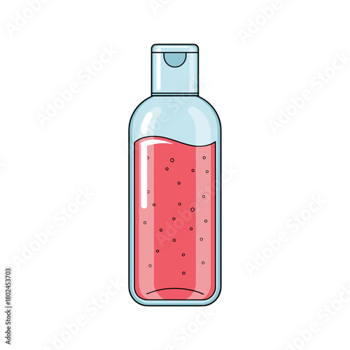 Shower gel bottle illustration with a transparent design and pink liquid in a vibrant style