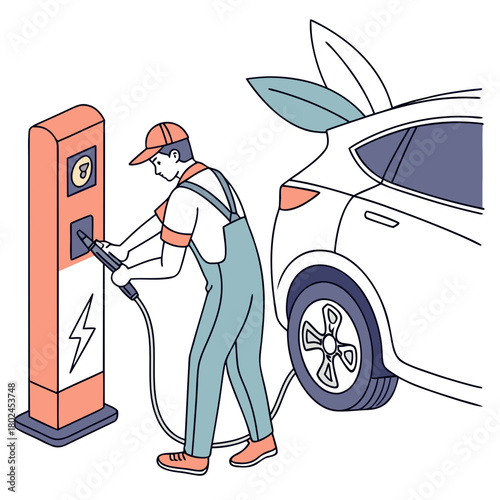 Person charging an electric car at a charging station with leaves on the car roof