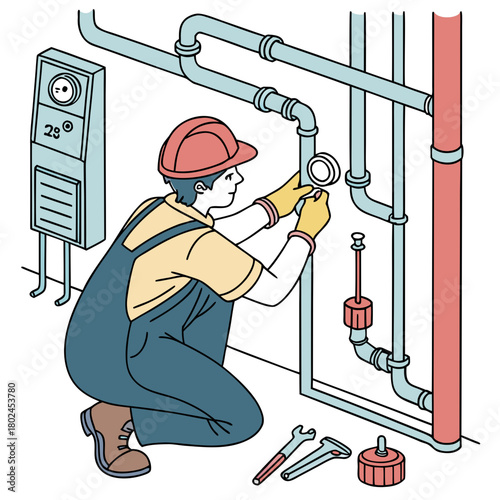 Plumber working on pipes with tools and a gauge