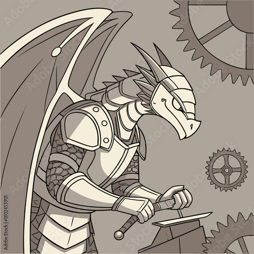Steampunk dragon blacksmith forging a sword with gears in background