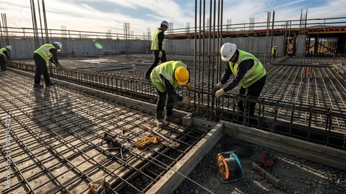 Workers tying rebar at foundation, construction site close-up