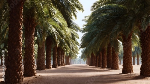 An endless avenue of tall palm trees stretches into the distance along a dusty pathway under a clear bright sky