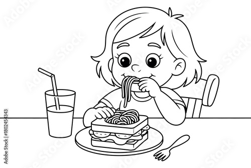 A young child eats spaghetti and a sandwich while drinking juice.