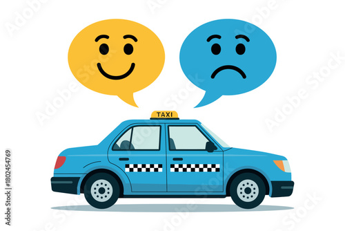 A blue taxi has two speech bubbles above it, one with a happy face and one with a sad face.