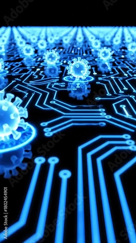 A digital rendering of coronavirus cells on a circuit board with blue glowing lines and cells