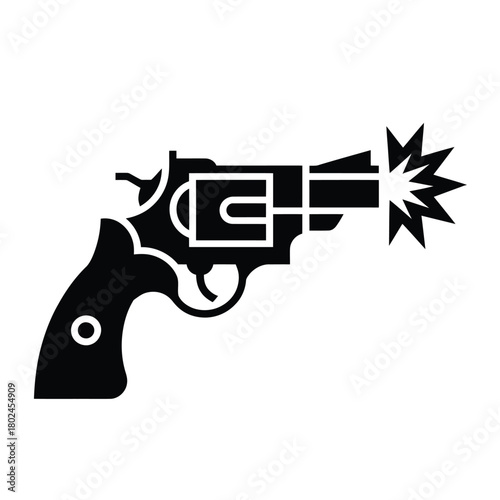A black silhouette of a revolver firing a bullet with a starburst muzzle flash, isolated on, ideal for action or crimerelated themes