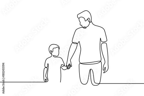 A man and a child hold hands, representing family and connection.