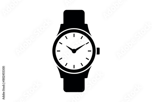 A simple black silhouette of a classic analog wristwatch against a white background.
