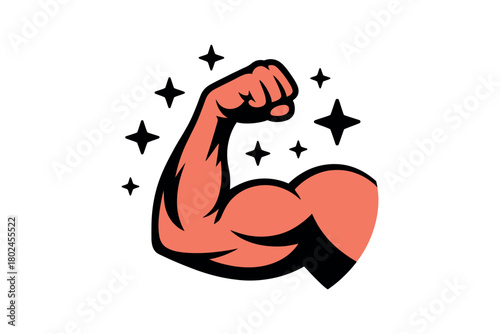A flexing bicep with stars and sparkles implies strength and power.