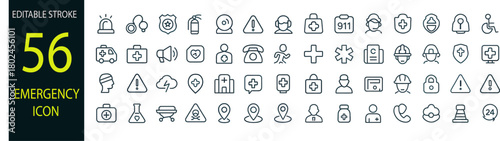 Emergency outline icon set. Containing Evacuation, SOS emergency call, ambulance, help, emergency hotline, exit, and more. editable stroke. Vector illustration