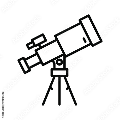 Simple line art icon of an astronomical telescope on a tripod.