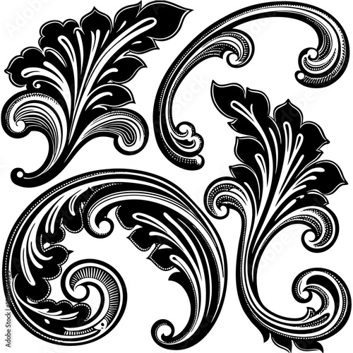 Elegant Ornament Collection: An exquisite assortment of black, swirling, stylized ornament designs, capturing the essence of refined grace and artistic charm.