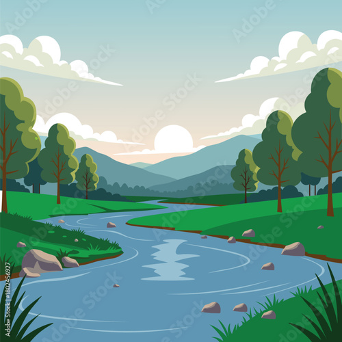 Serene River Scene a tranquil river meanders through a picturesque landscape, framed by lush greenery and rolling mountains. The setting sun casts a warm glow.