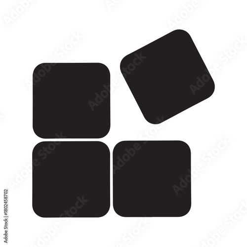 Abstract graphic of four black rounded squares, one askew, on a clean white background.