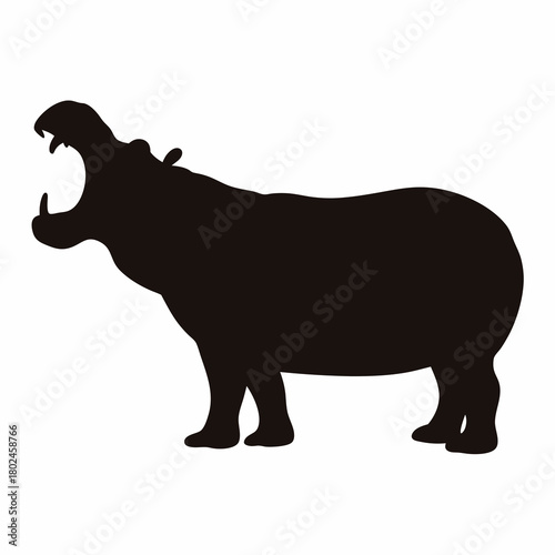 Silhouette of a hippopotamus with its mouth wide open, standing majestically.