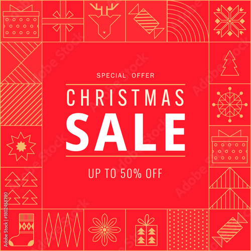 Template design square banner for Christmas day sale offer. Geometric background with element and gifts for happy holiday sale. Christmas promotion card and flyer. Vector.