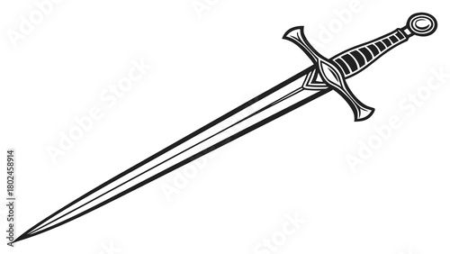 Illustration of a long sword with an ornate hilt and a pointed blade in black and white outline style