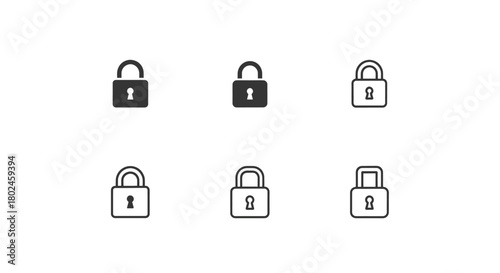 Collection of six padlock icons in black and white, representing security and access