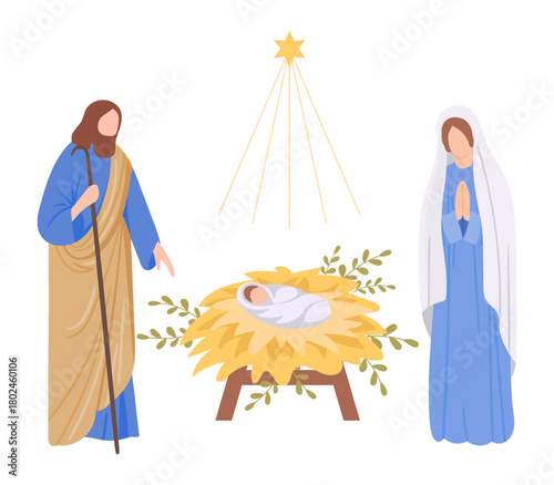 A holy night. Mary, Joseph, and baby Jesus in a manger. The bright Star of Bethlehem shines above them.