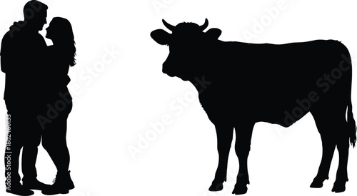 Silhouette couple standing together, romantic love scene, cow animal watching, human and animal connection, black shadow art, farm life illustration